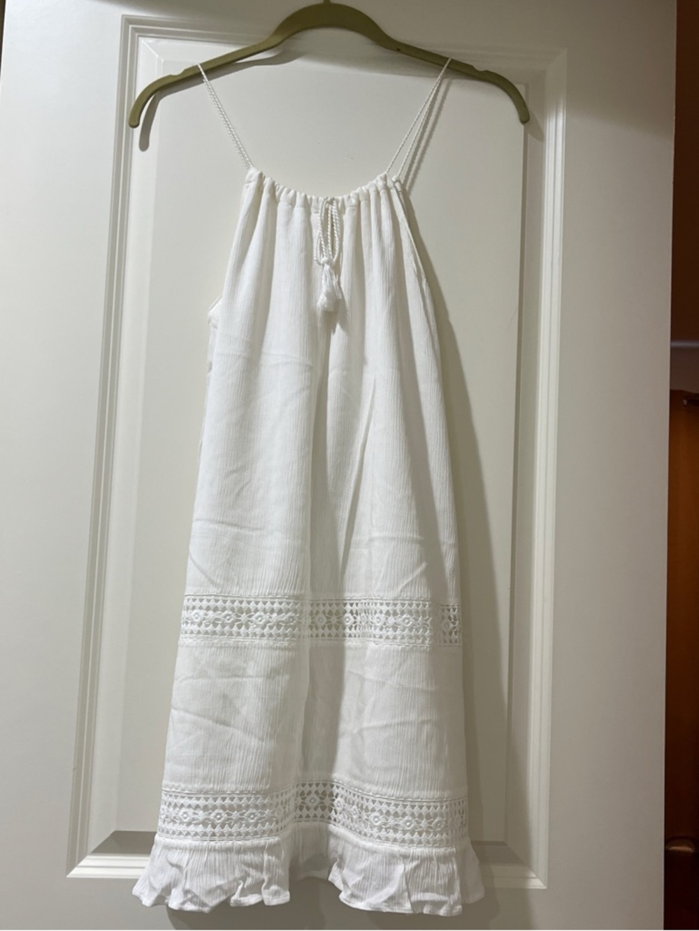 Garage White Spaghetti-Strap Mini Dress with Crochet Trim